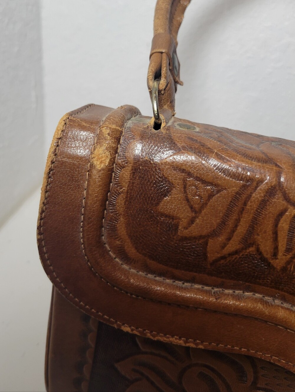 Vintage Tooled Leather Satchel Purse Flores Bags Brown Boho Western Mexico Read - Picture 9 of 11